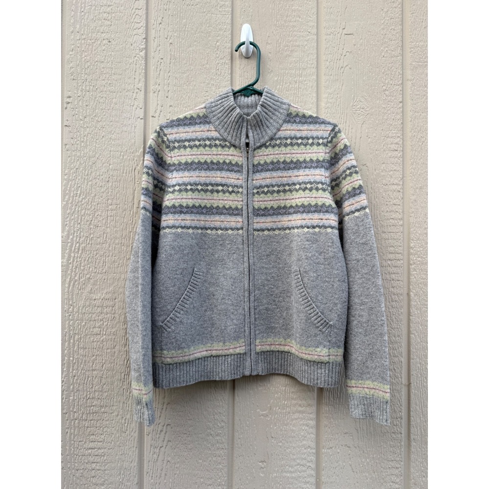 Jones New York S Zip Sweater Fair Isle Lambswool Pastel Grey Cardigan